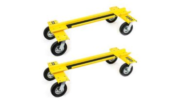 Pair of yellow and black dolly wheel carts called the Goal Taxi.